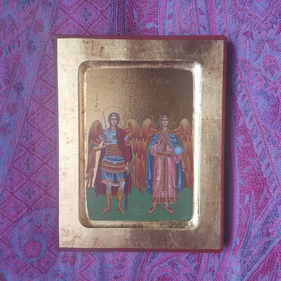 Greek Orthodox Christian Religious Michael Angels Icon Gold Leaf Art Painting